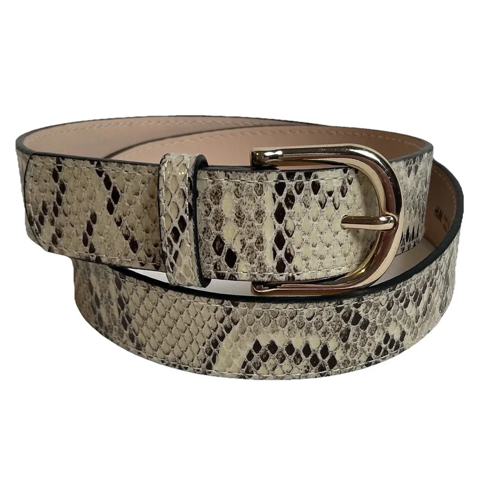 H&M Faux Phyton Leather Belt Women's Sz S/30 Gray Beige Gold Tone Buckle